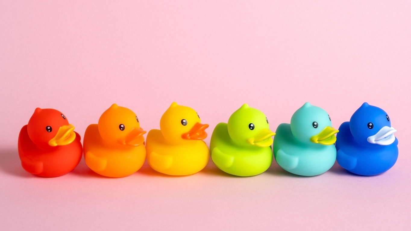 Six yellow rubber ducks lined up
